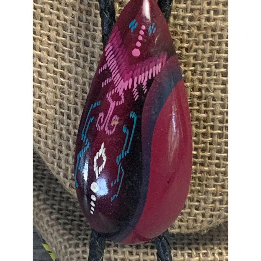 Vintage Hand Painted Magenta Tribal Teardrop Bolo Tie Black Braided Cord 3871